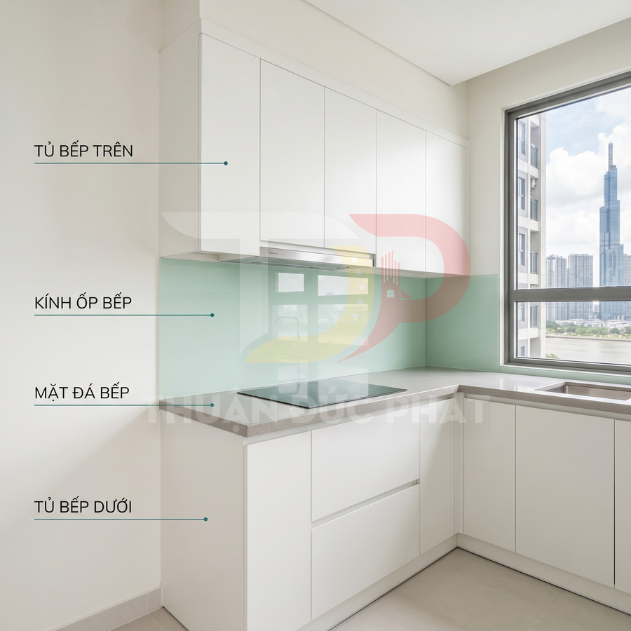 Tủ bếp chữ L màu trắng với kính ốp bếp xanh nhạt và mặt đá bếp hiện đại cạnh cửa sổ lớn