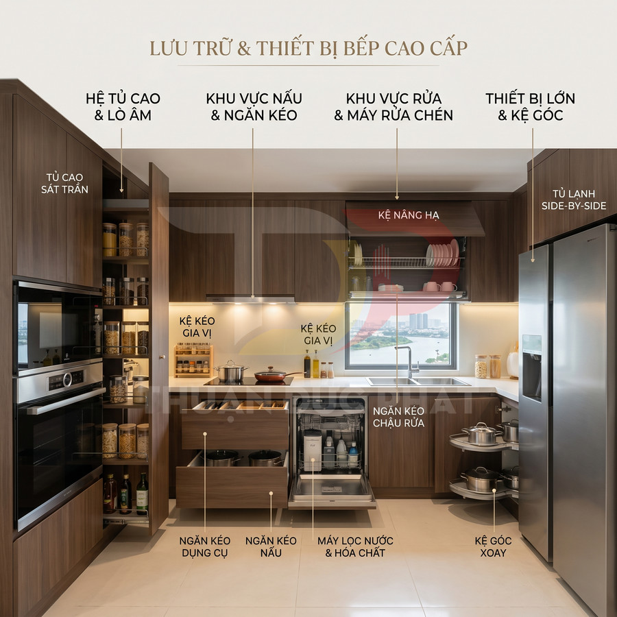 Tủ bếp gỗ hiện đại với lò nướng âm tủ, máy rửa chén, kệ kéo gia vị và tủ lạnh side by side cao cấp