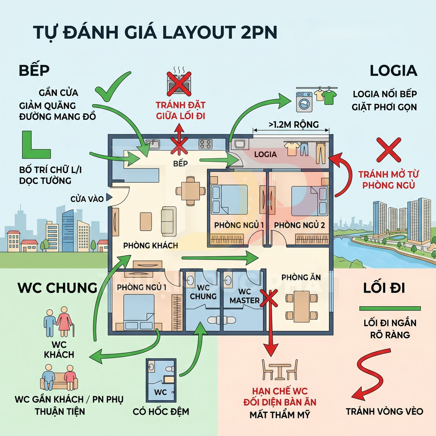 Sơ đồ bố trí căn hộ 2 phòng ngủ với bếp, phòng khách, logia và các lưu ý tối ưu WC, lối đi, tủ và khu giặt phơi