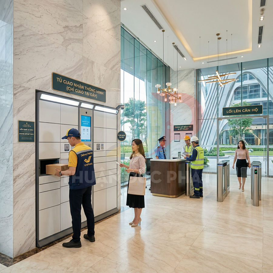 Nhân viên giao hàng VNPost sử dụng tủ giao nhận thông minh tại sảnh tòa nhà cao cấp