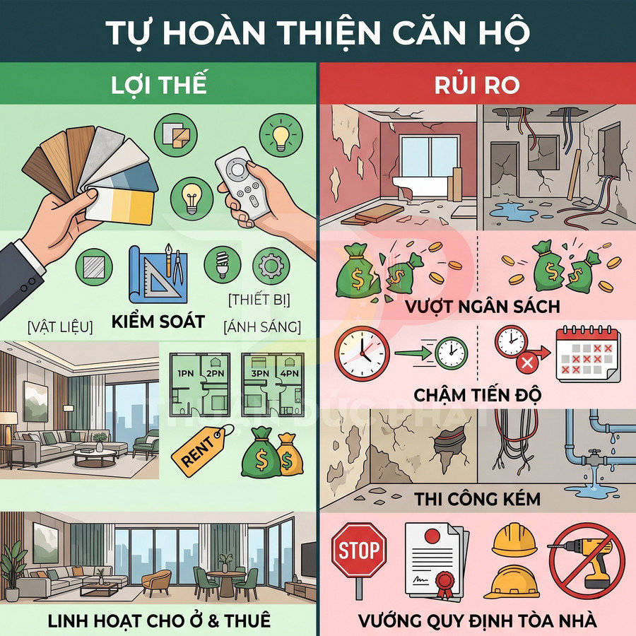 Infographic so sánh lợi thế và rủi ro khi tự hoàn thiện nội thất căn hộ để ở và cho thuê