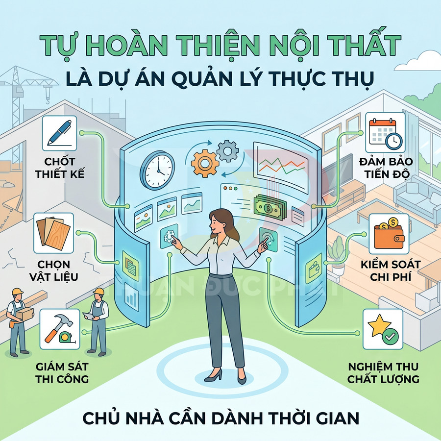Minh họa quy trình chủ nhà tự quản lý hoàn thiện nội thất với các bước thiết kế, chọn vật liệu, giám sát, chi phí, chất lượng