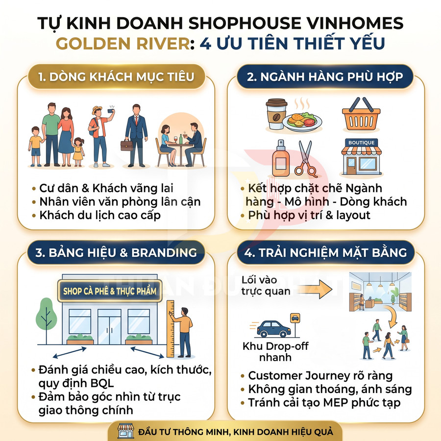 Infographic 4 ưu tiên khi kinh doanh shophouse Vinhomes Golden River về khách mục tiêu, ngành hàng, branding và trải nghiệm mặt bằng