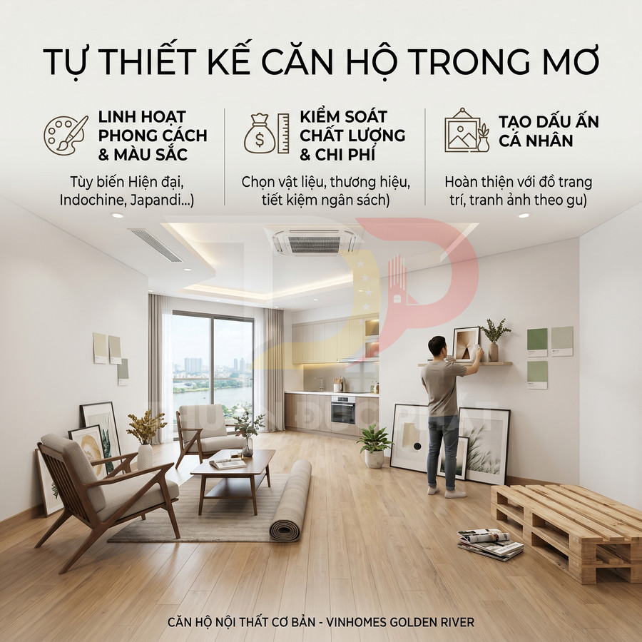 Căn hộ mẫu Vinhomes Golden River với nội thất tối giản, sàn gỗ sáng và phòng khách liền bếp hiện đại