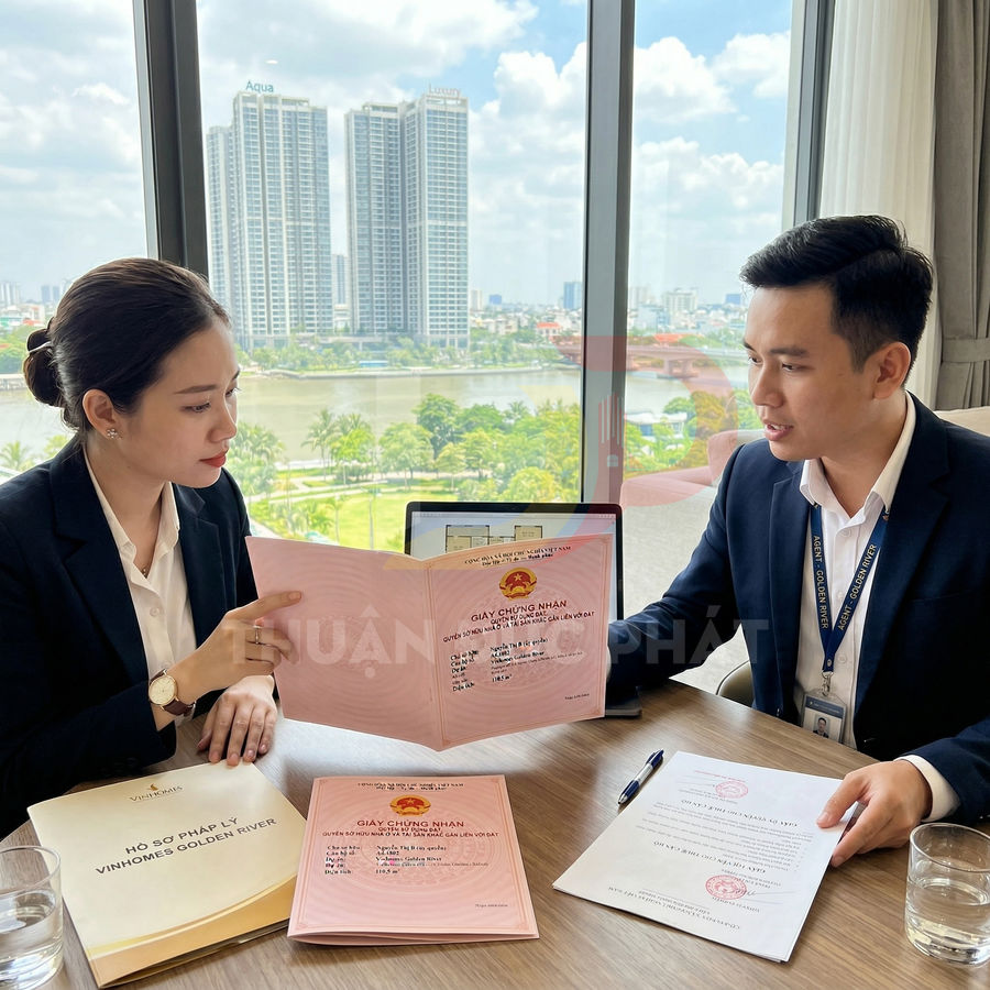 Nhân viên tư vấn bất động sản Vinhomes Golden River đang trao đổi hồ sơ sổ hồng với khách hàng