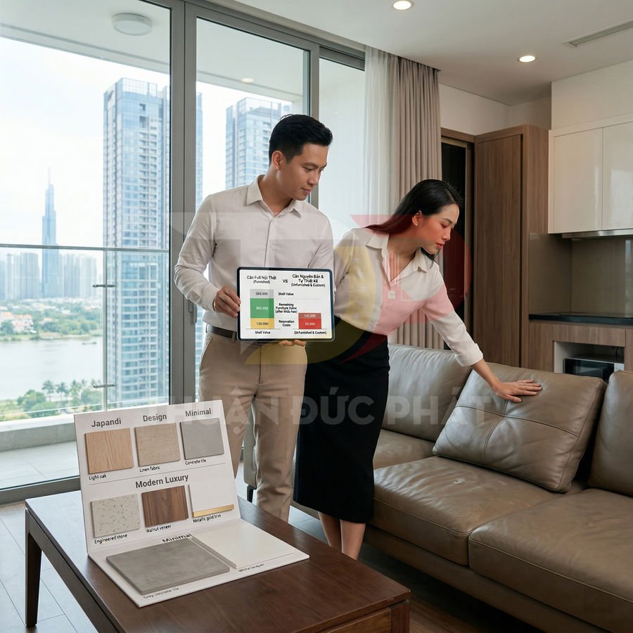 Cặp đôi xem mẫu vật liệu nội thất và kiểm tra ghế sofa da trong căn hộ hiện đại có view thành phố