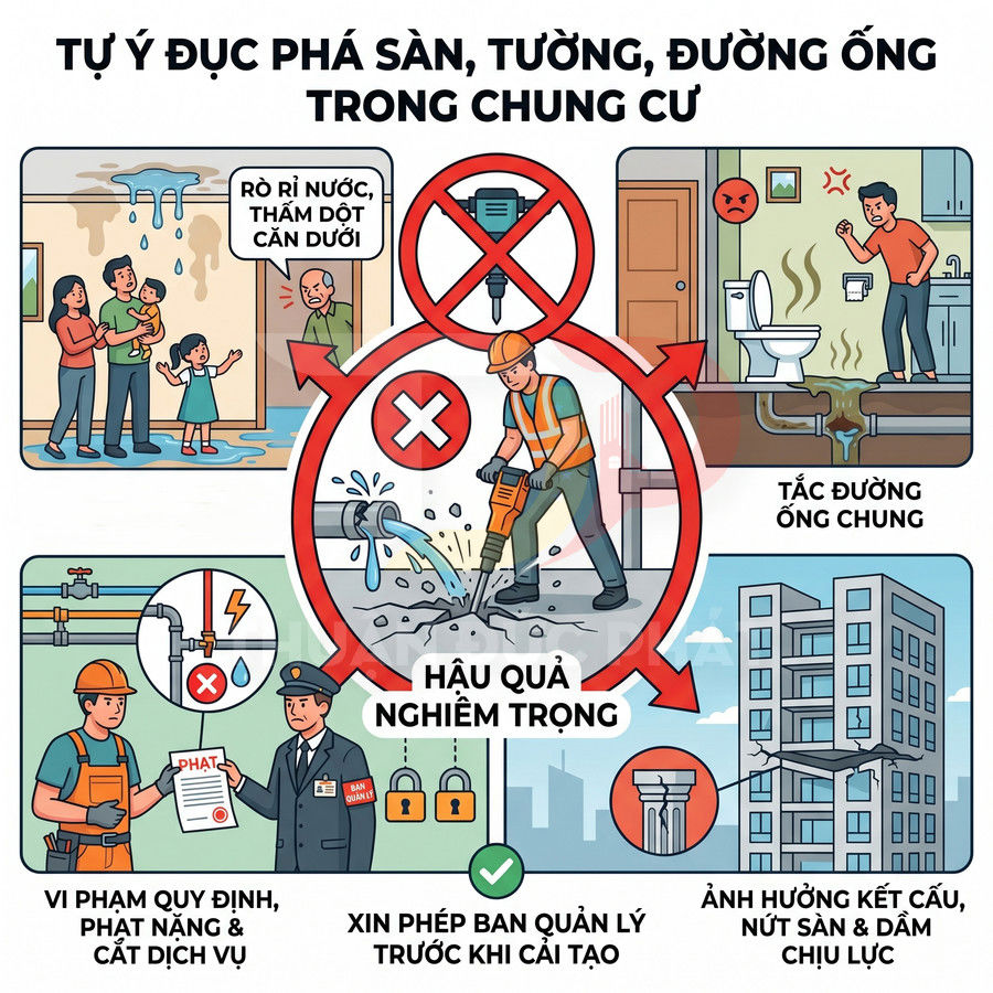 Minh họa cảnh báo hậu quả tự ý đục phá sàn tường đường ống trong chung cư và khuyến cáo xin phép ban quản lý