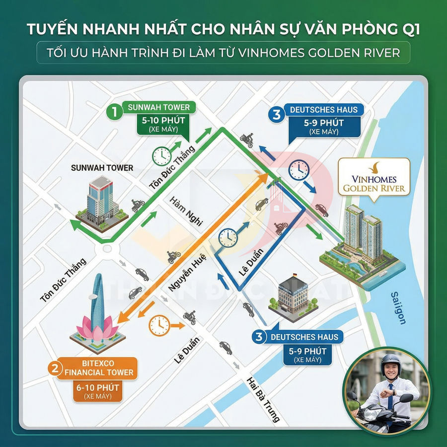 Bản đồ chỉ đường từ Vinhomes Golden River đến Sunwah Tower, Bitexco Financial Tower và Deutsches Haus bằng xe máy