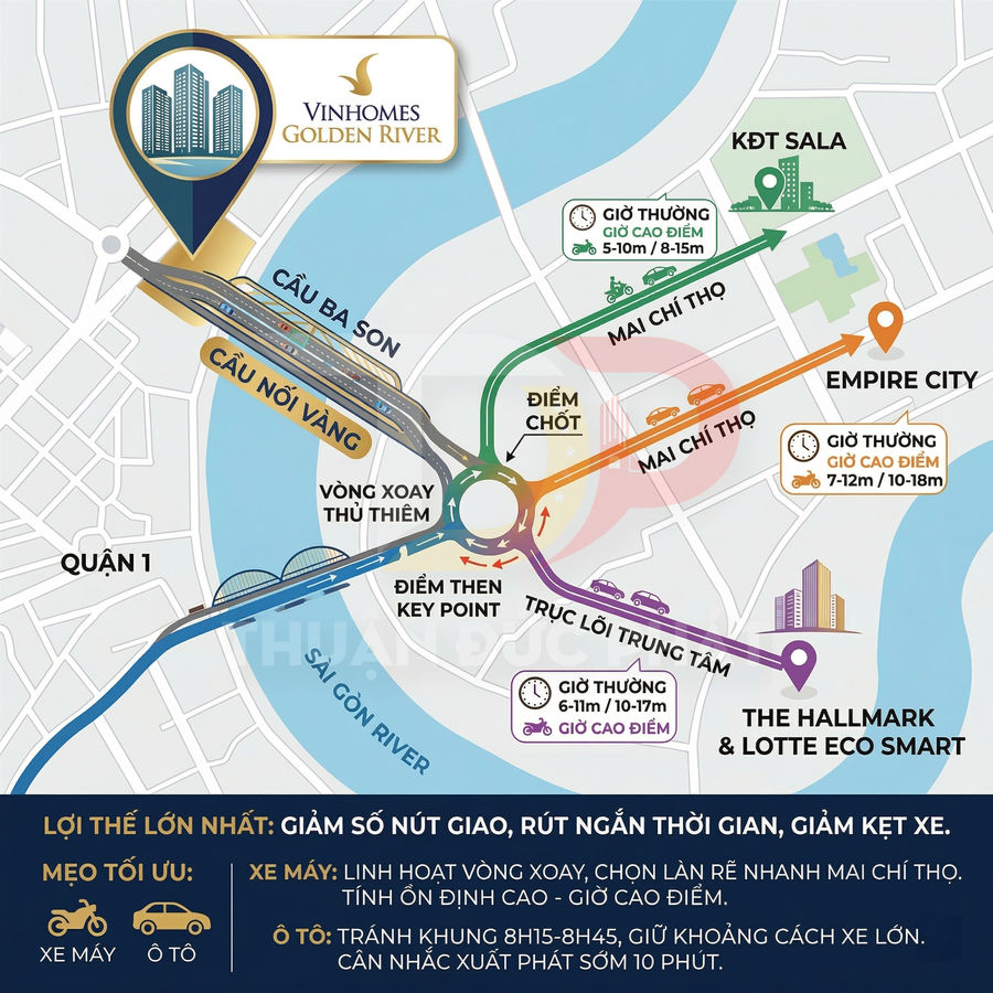 Bản đồ vị trí dự án Vinhomes Golden River và kết nối giao thông đến Empire City, KĐT Sala, The Hallmark