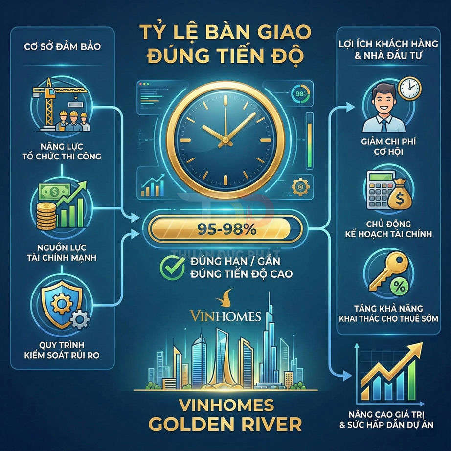 Infographic tỷ lệ bàn giao đúng tiến độ 95-98 phần trăm dự án Vinhomes Golden River