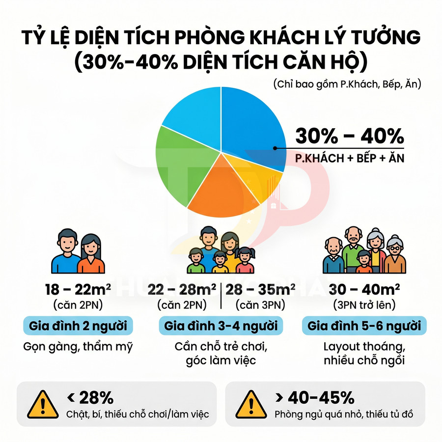 Tỷ lệ diện tích phòng khách lý tưởng 30 đến 40 phần trăm diện tích căn hộ cho các loại gia đình