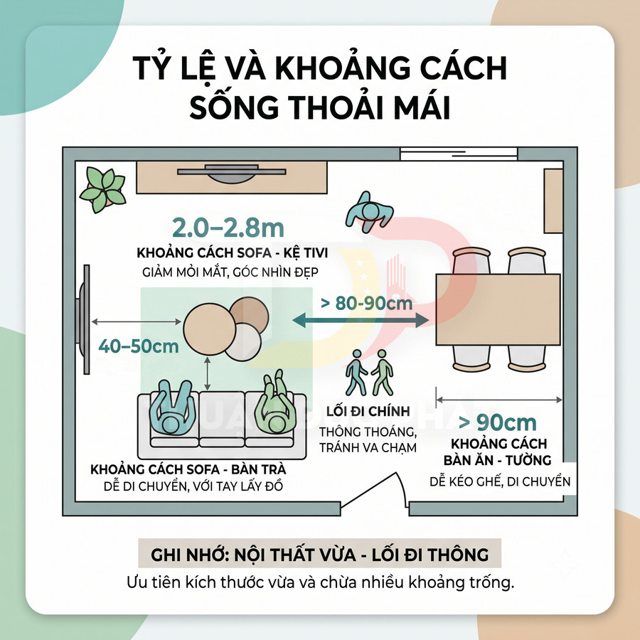 Sơ đồ bố trí phòng khách với sofa, bàn trà, kệ tivi và bàn ăn kèm khoảng cách chuẩn để đi lại thoải mái