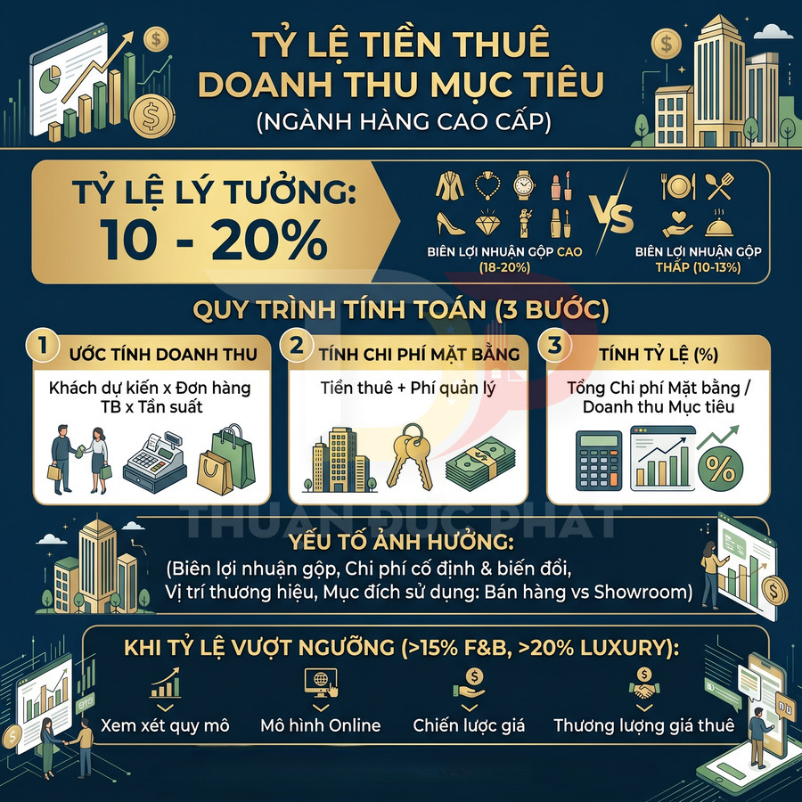 Infographic tỷ lệ tiền thuê trên doanh thu mục tiêu cho ngành hàng cao cấp và quy trình tính chi phí mặt bằng
