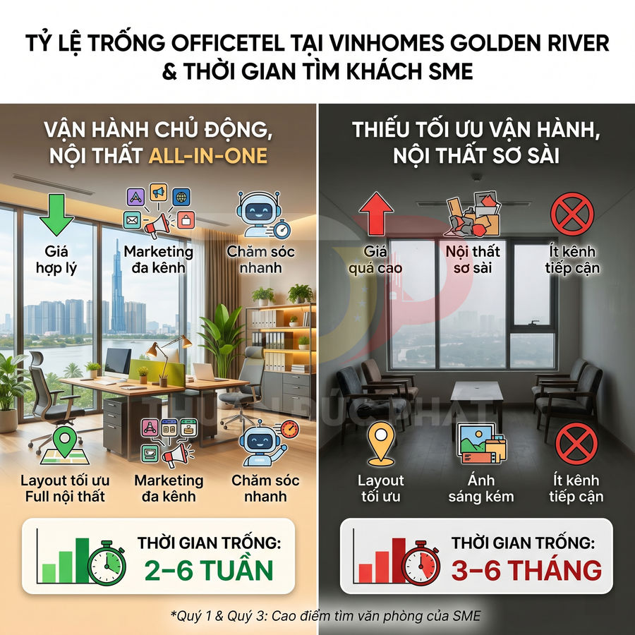 So sánh officetel Vinhomes Golden River nội thất all in one tối ưu vận hành với officetel nội thất sơ sài, thời gian trống khác nhau