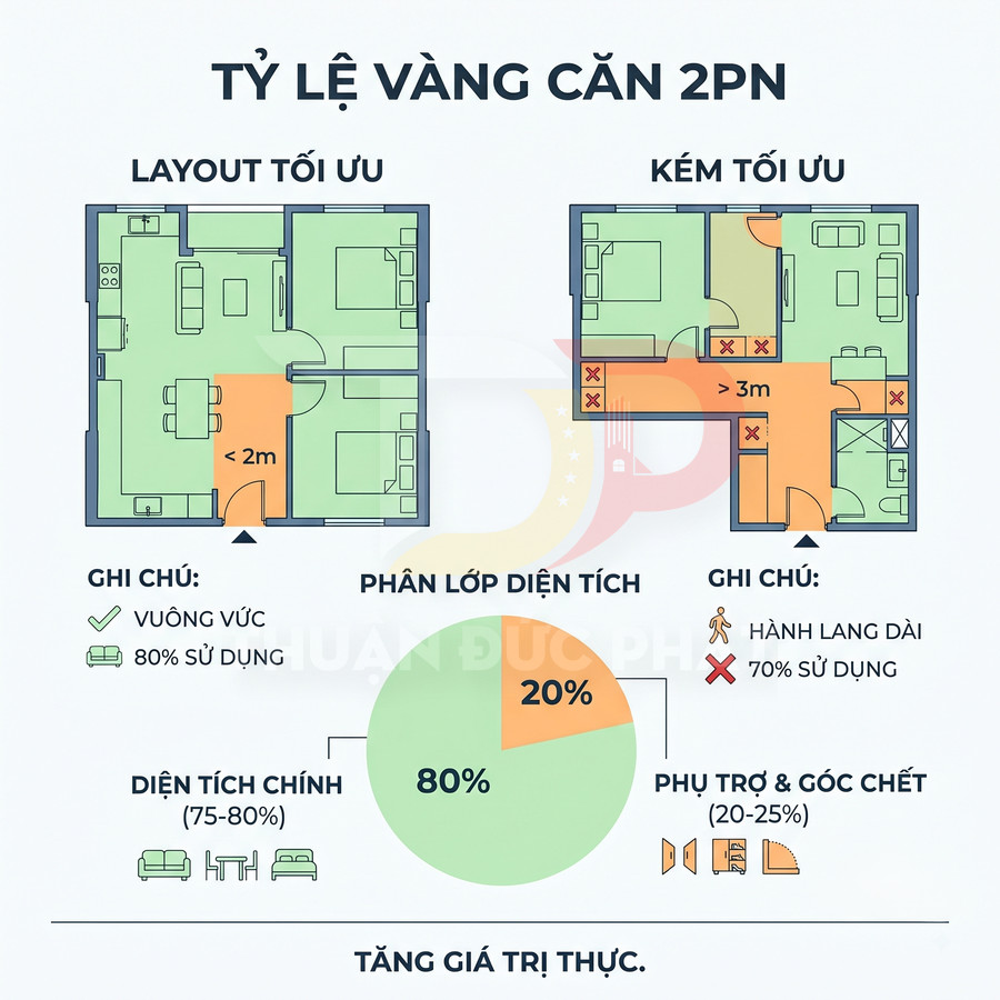 So sánh layout căn hộ 2 phòng ngủ tối ưu và kém tối ưu với tỷ lệ diện tích sử dụng 80 và 20 phần trăm