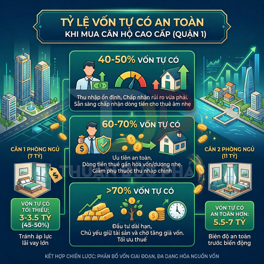 Infographic tỷ lệ vốn tự có an toàn khi mua căn hộ cao cấp quận 1 với các mức 40 50 60 70 phần trăm