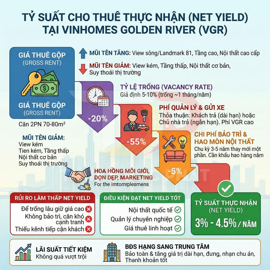 Infographic tỷ suất cho thuê thực nhận căn hộ Vinhomes Golden River với các chi phí và điều kiện đạt net yield