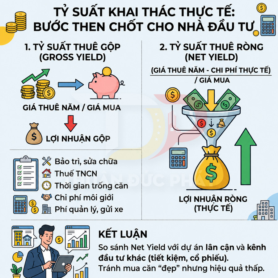 Infographic so sánh tỷ suất thuê gộp và tỷ suất thuê ròng trong đầu tư bất động sản cho nhà đầu tư