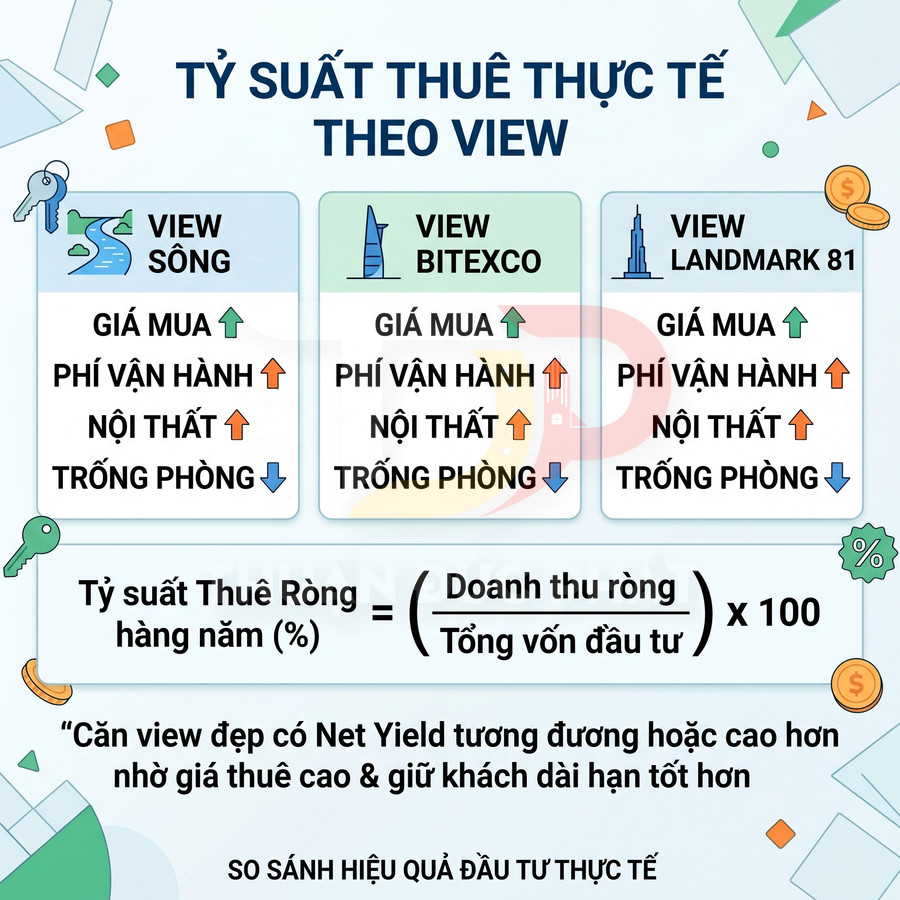 So sánh tỷ suất thuê thực tế theo view sông, view Bitexco và view Landmark 81 trong đầu tư căn hộ