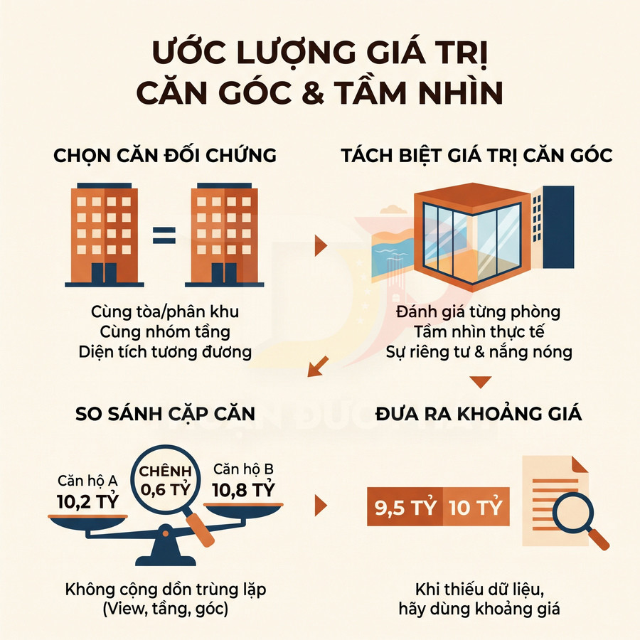 Infographic hướng dẫn ước lượng giá trị căn hộ qua căn đối chứng, tầm nhìn, so sánh giá và xác định khoảng giá