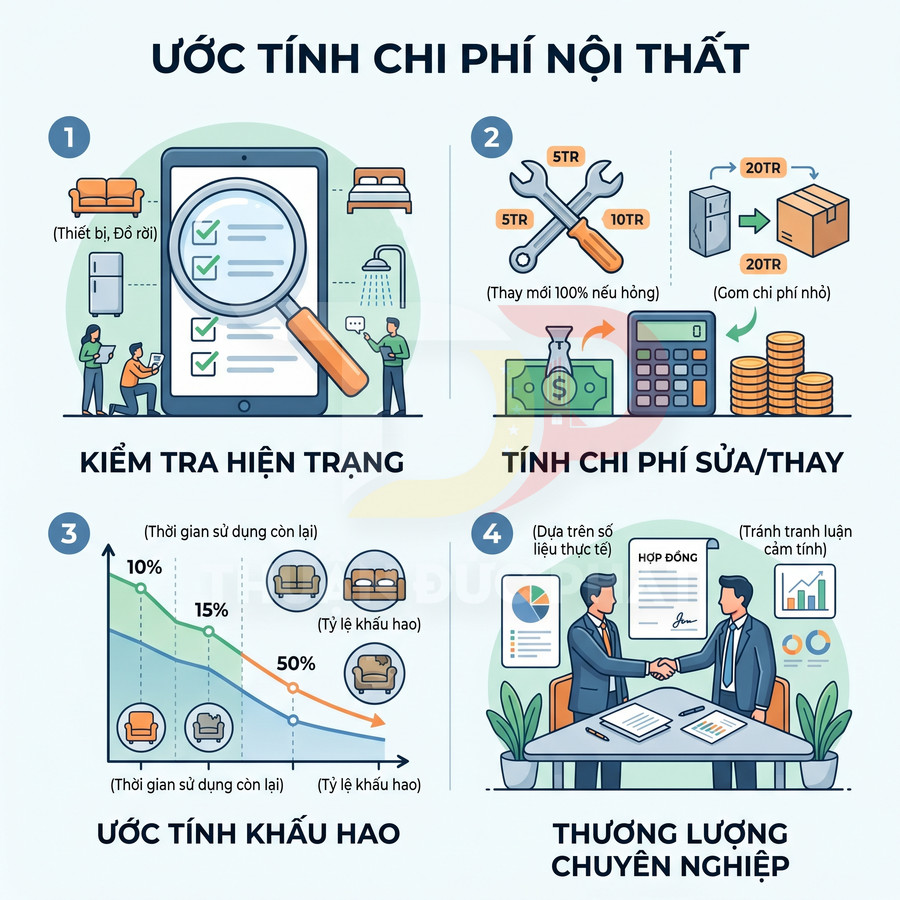 Infographic quy trình ước tính chi phí nội thất gồm kiểm tra hiện trạng, tính sửa chữa, khấu hao và thương lượng