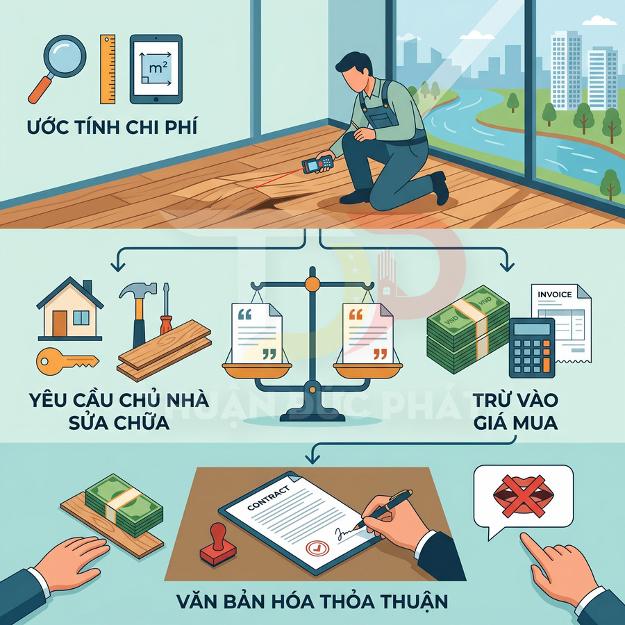 Minh họa quy trình ước tính chi phí sửa chữa nhà, yêu cầu chủ nhà khắc phục và thỏa thuận trừ tiền vào giá mua