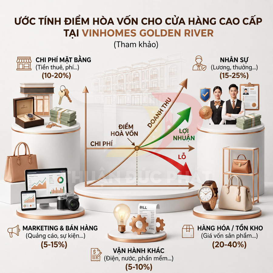 Infographic ước tính chi phí và điểm hòa vốn cho cửa hàng cao cấp tại Vinhomes Golden River