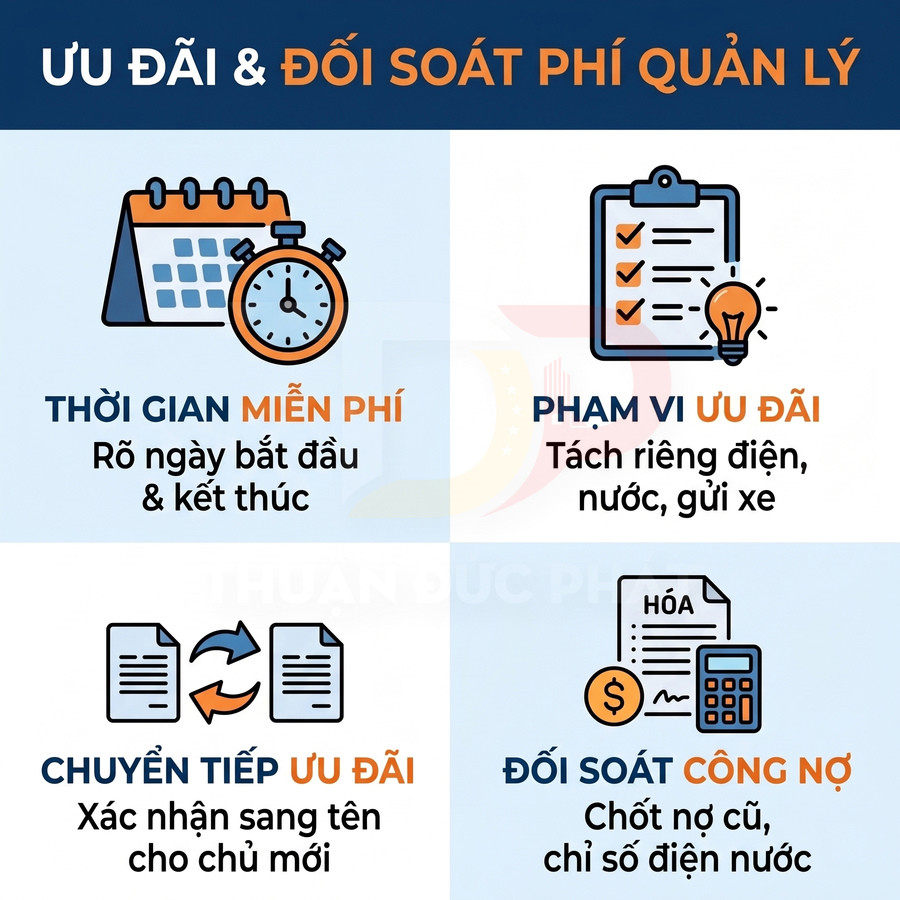 Ưu đãi và đối soát phí quản lý với thời gian miễn phí, tách riêng điện nước gửi xe, sang tên ưu đãi và chốt công nợ cũ