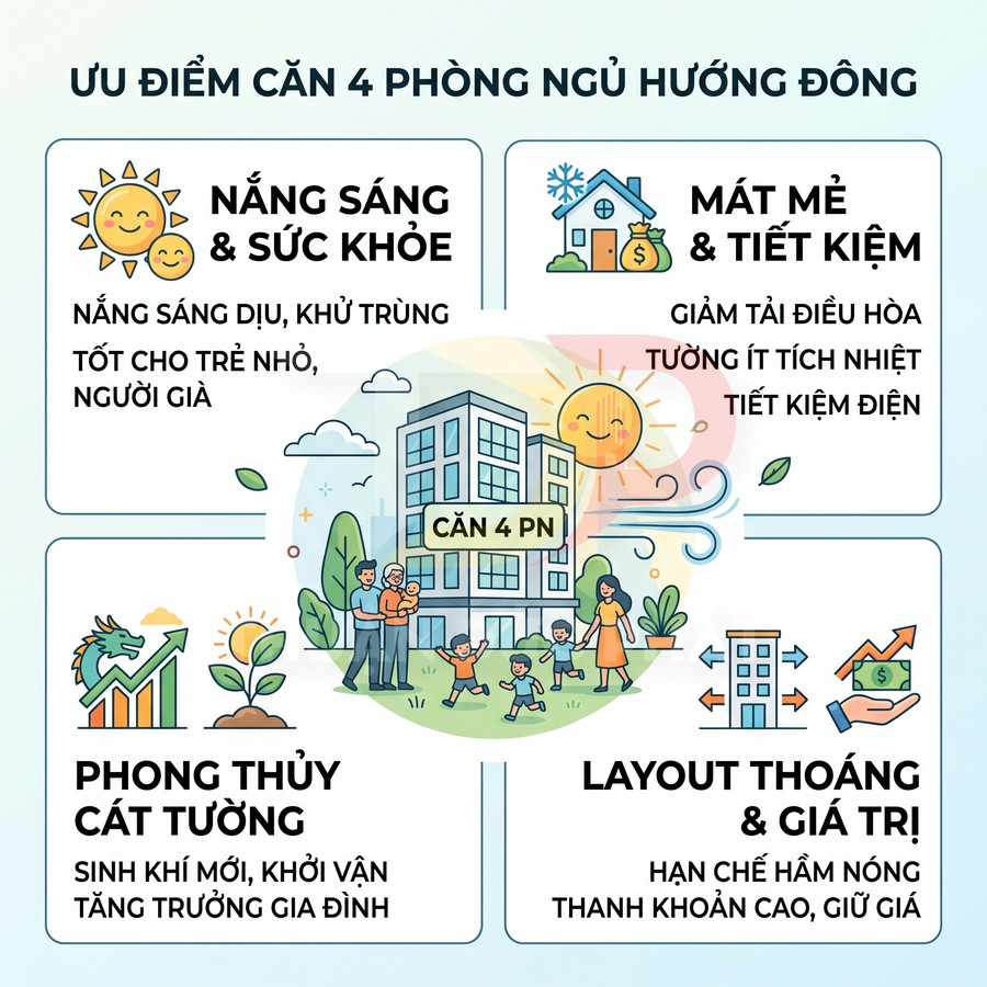 Ưu điểm căn hộ 4 phòng ngủ hướng Đông với nắng sáng tốt cho sức khỏe, mát mẻ tiết kiệm điện, phong thủy và giá trị cao
