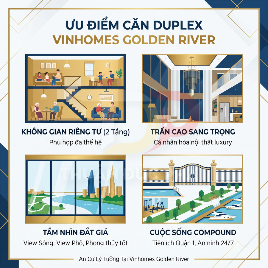 Ưu điểm căn hộ duplex Vinhomes Golden River với không gian riêng tư, trần cao, view sông và tiện ích compound