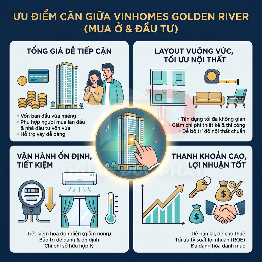 Infographic ưu điểm căn hộ Vinhomes Golden River về giá, layout, vận hành tiết kiệm và thanh khoản lợi nhuận khi mua ở hoặc đầu tư