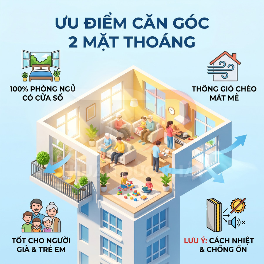 Căn hộ góc hai mặt thoáng với phòng khách, bếp và phòng ngủ nhiều cửa sổ, ban công cây xanh, phù hợp gia đình nhiều thế hệ