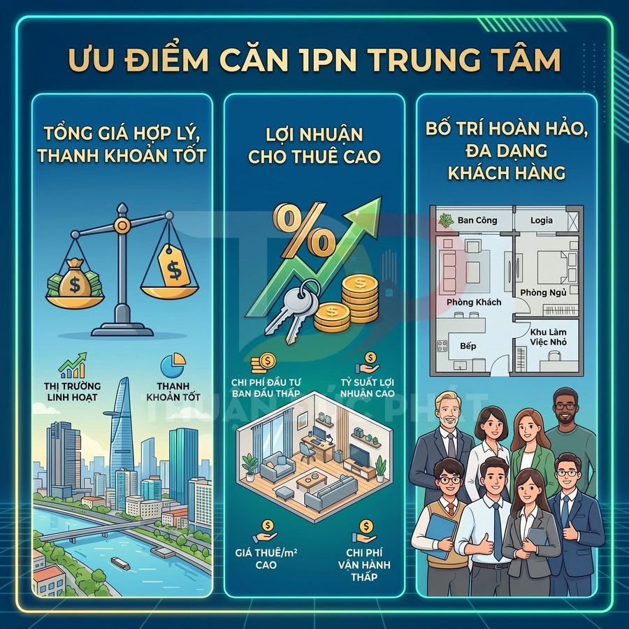 Ưu điểm căn hộ 1 phòng ngủ trung tâm với giá hợp lý, lợi nhuận cho thuê cao và bố trí tối ưu cho nhiều khách hàng