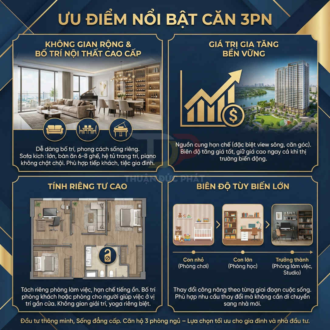 Ưu điểm nổi bật căn hộ 3 phòng ngủ cao cấp với không gian rộng, nội thất sang trọng và thiết kế linh hoạt