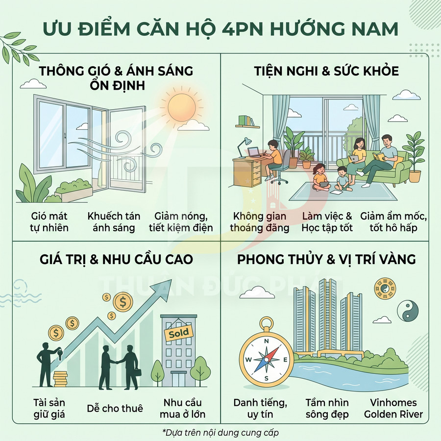 Infographic ưu điểm căn hộ 4 phòng ngủ hướng Nam về thông gió ánh sáng tiện nghi sức khỏe giá trị và phong thủy vị trí vàng