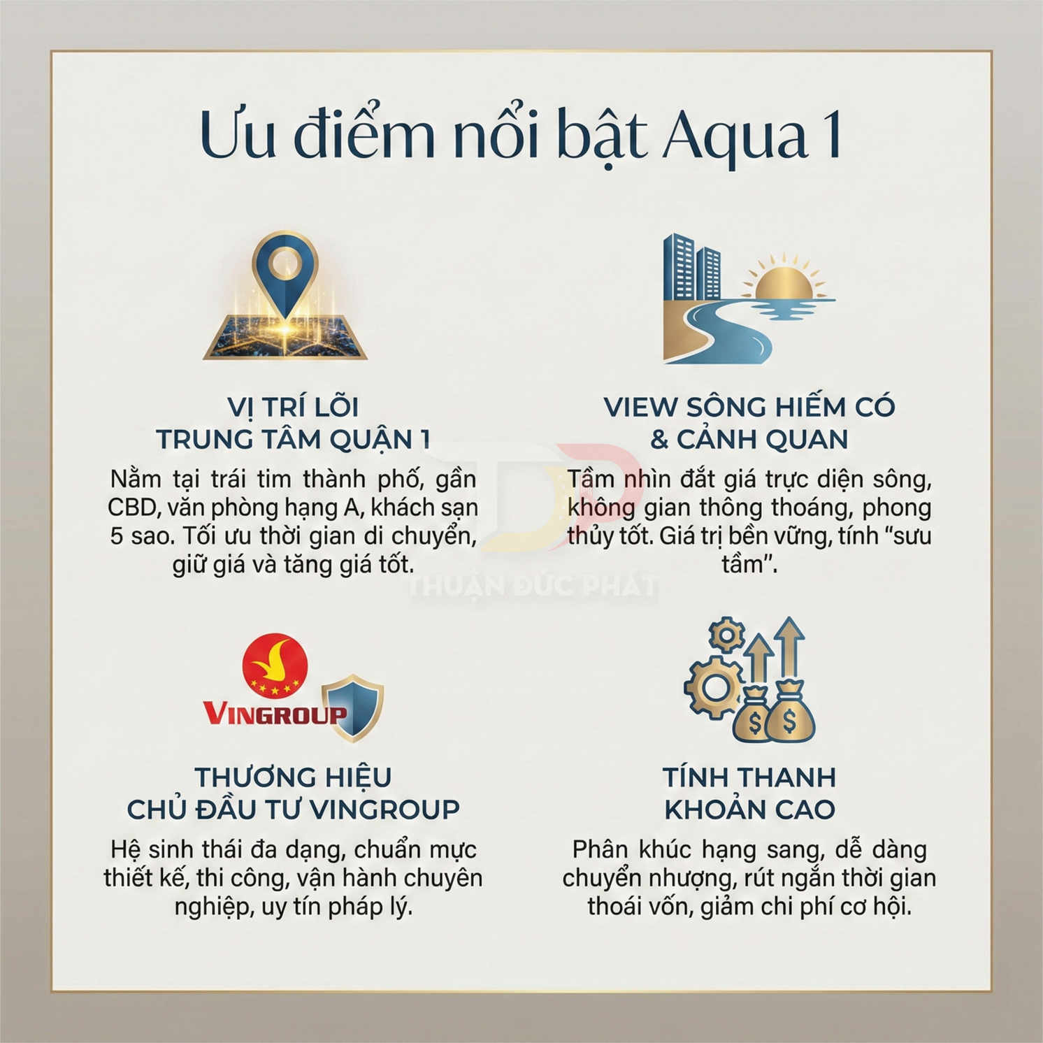 Ưu điểm nổi bật dự án căn hộ Aqua 1 của Vingroup về vị trí trung tâm, view sông, thương hiệu và tính thanh khoản