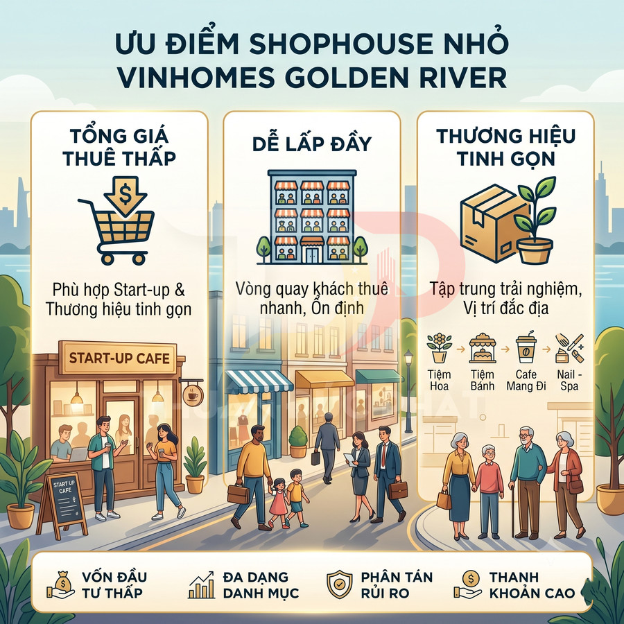 Ưu điểm shophouse nhỏ Vinhomes Golden River với giá thuê thấp, dễ lấp đầy và thương hiệu tinh gọn