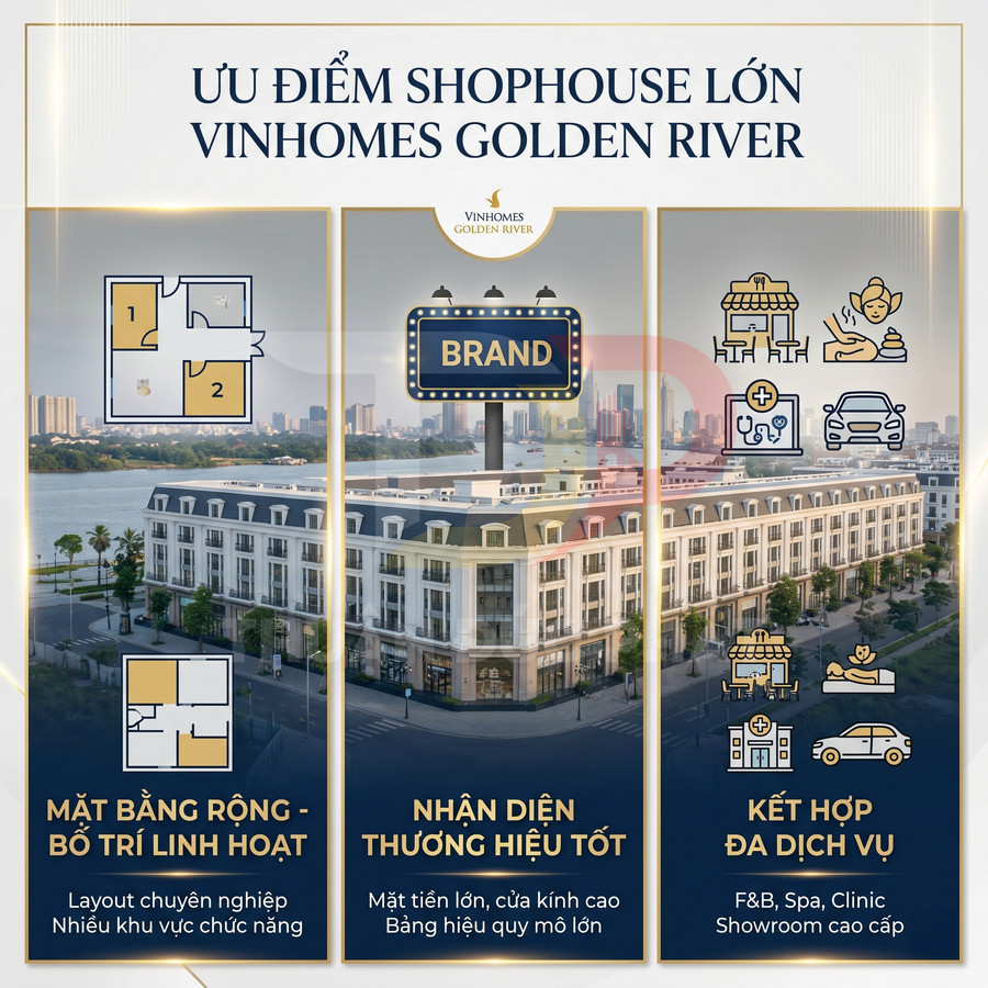 Ưu điểm shophouse Vinhomes Golden River với mặt bằng rộng, nhận diện thương hiệu tốt và kết hợp đa dịch vụ