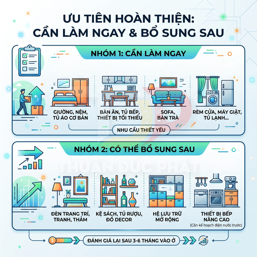 Infographic ưu tiên hoàn thiện nội thất nhà ở với nhóm đồ cần mua ngay và nhóm có thể bổ sung sau