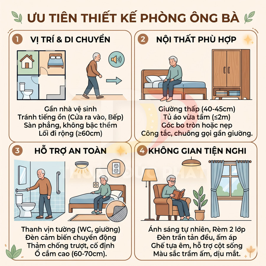Infographic hướng dẫn thiết kế phòng ngủ an toàn tiện nghi cho ông bà cao tuổi