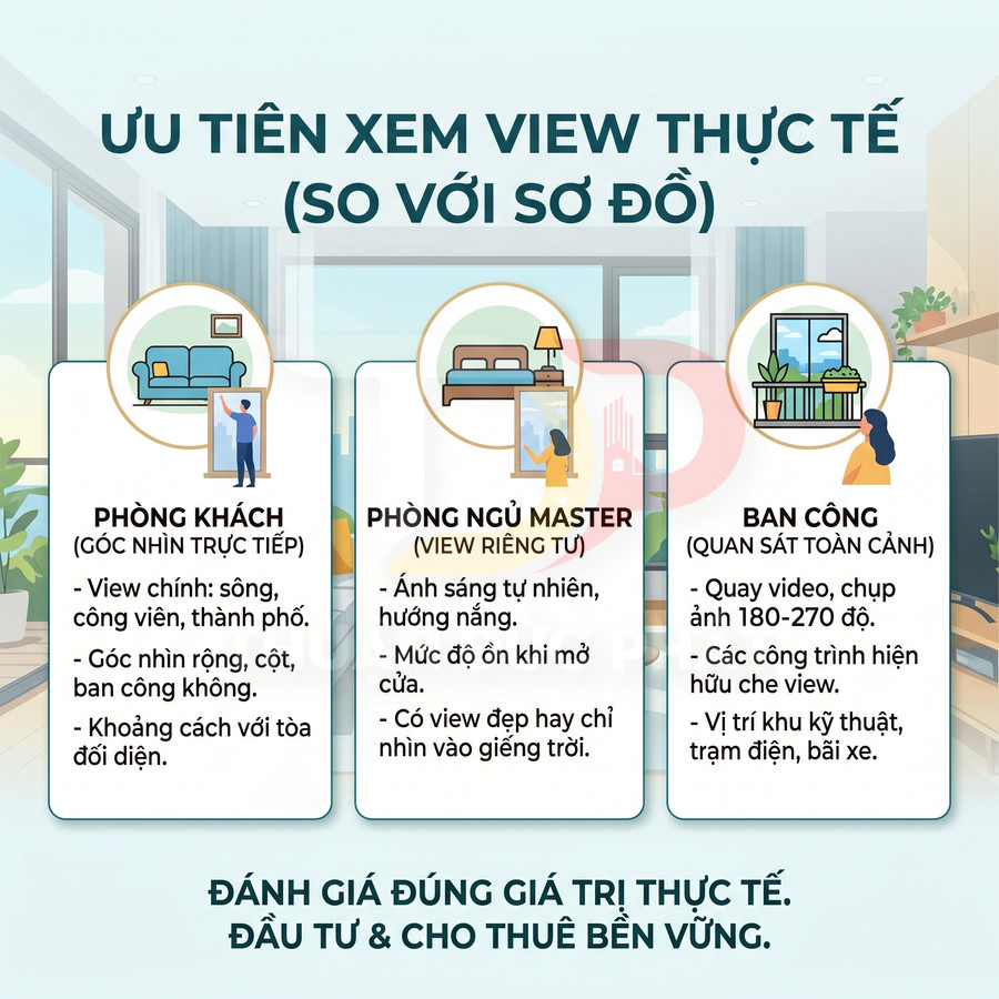 Infographic ưu tiên xem view thực tế căn hộ với phòng khách, phòng ngủ master và ban công khi đầu tư cho thuê