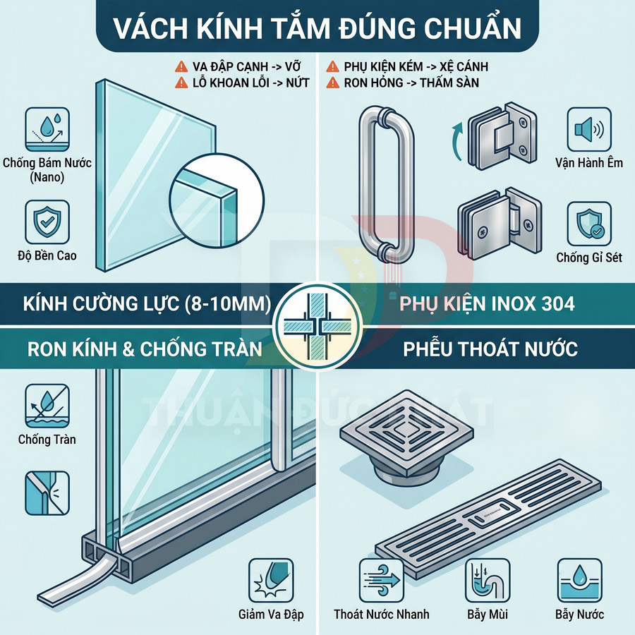 Vách kính tắm kính cường lực 8 10mm với ron chống tràn, phụ kiện inox 304 và phễu thoát nước nhà tắm