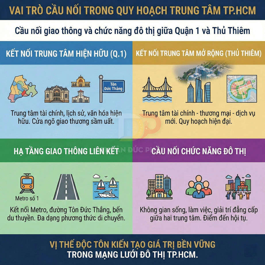Infographic vai trò cầu nối trong quy hoạch trung tâm TP HCM giữa Quận 1 và Thủ Thiêm, hạ tầng giao thông và chức năng đô thị