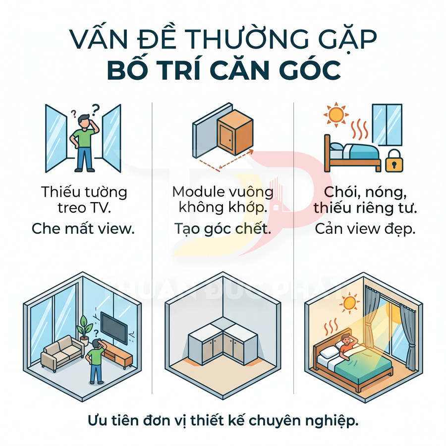 Minh họa các vấn đề bố trí nội thất căn góc: treo TV, tủ góc, giường ngủ bị chói nắng và thiếu riêng tư