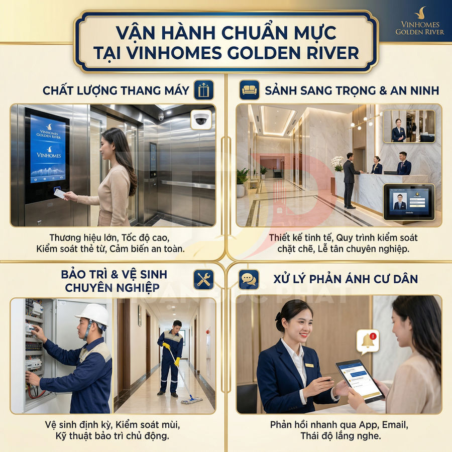 Vận hành dịch vụ cao cấp tại chung cư Vinhomes Golden River với thang máy, sảnh, bảo trì và chăm sóc cư dân