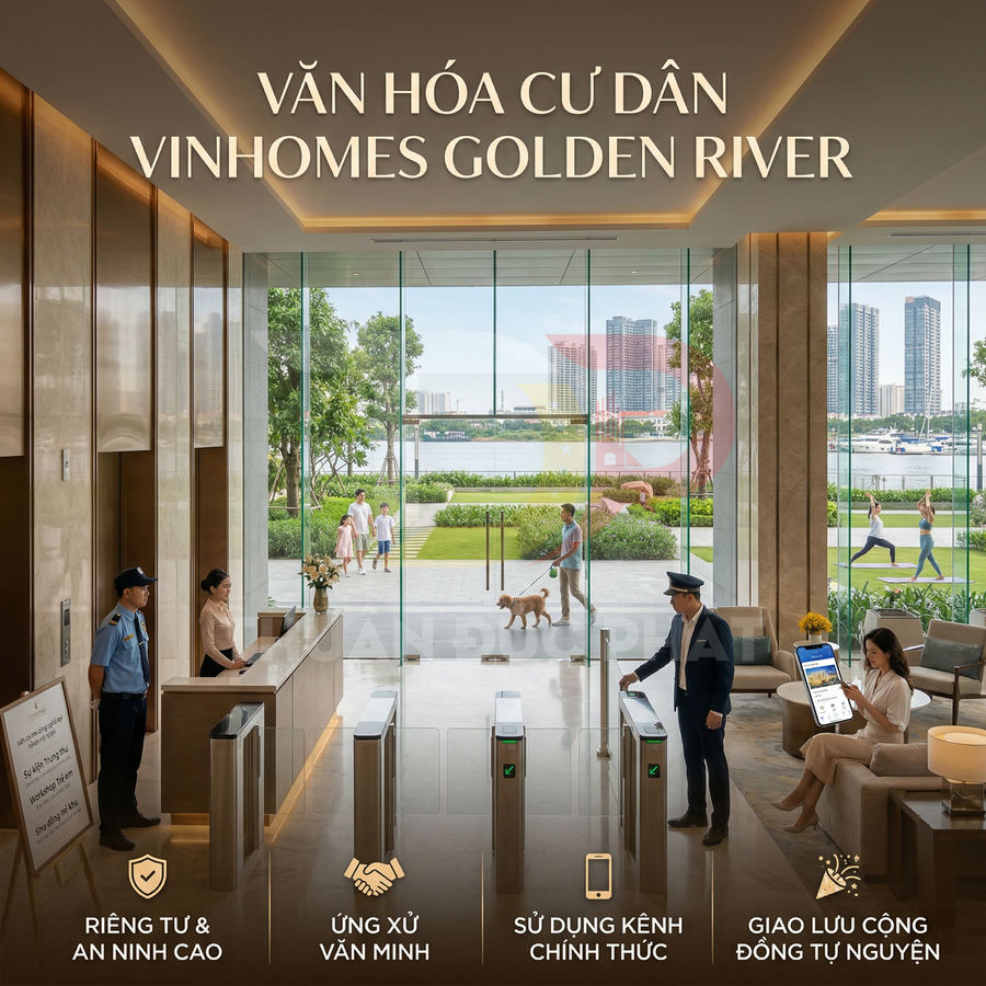 Sảnh lễ tân sang trọng khu căn hộ Vinhomes Golden River với cư dân ra vào và bảo vệ kiểm soát an ninh