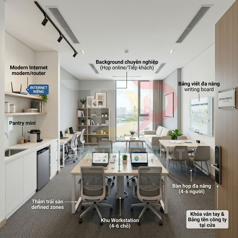 Văn phòng làm việc hiện đại với khu workstation, bàn họp, bảng viết kính và pantry mini đầy đủ tiện nghi