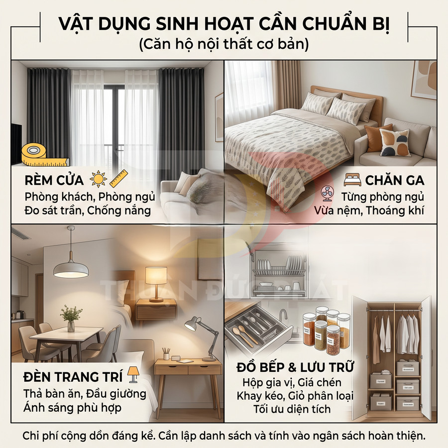 Các vật dụng nội thất cơ bản cho căn hộ gồm rèm cửa, chăn ga, đèn trang trí, đồ bếp và tủ lưu trữ quần áo
