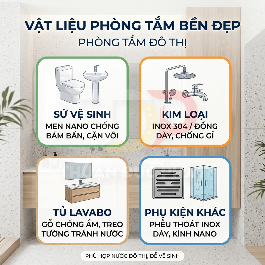 Vật liệu phòng tắm đô thị gồm sứ vệ sinh, vòi sen kim loại, tủ lavabo gỗ chống ẩm và phụ kiện inox, kính nano