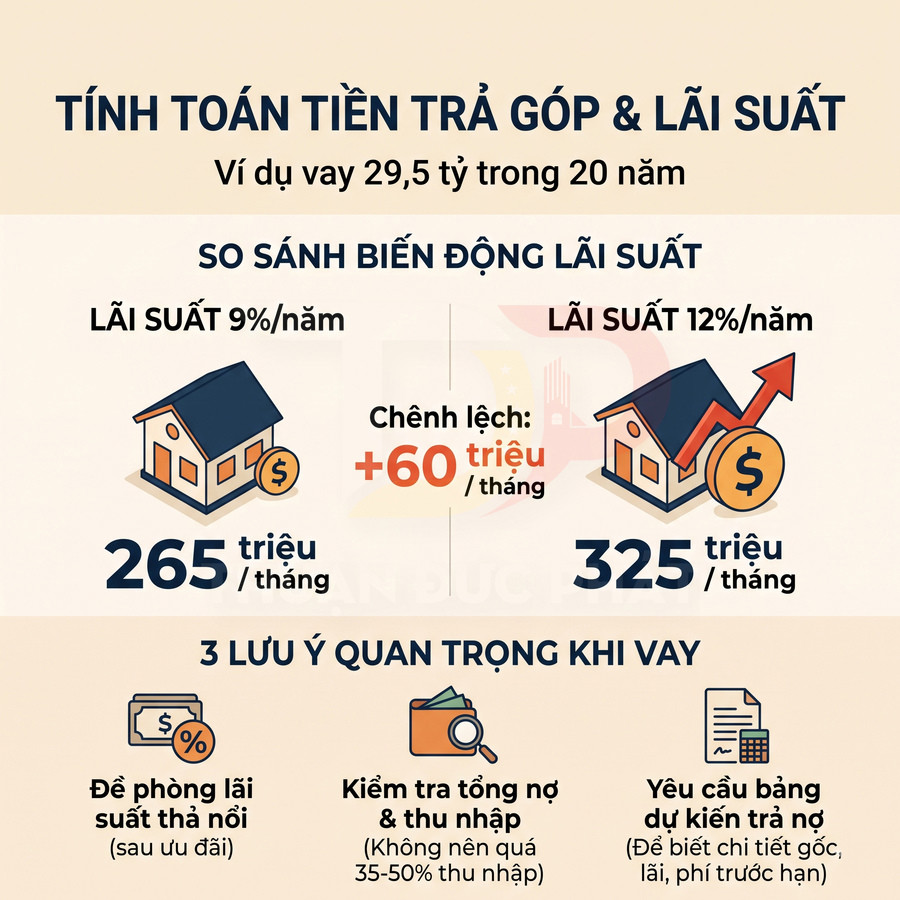So sánh khoản vay 29,5 tỷ trong 20 năm: trả 265 triệu/tháng với lãi suất 9% và 325 triệu với lãi suất 12%